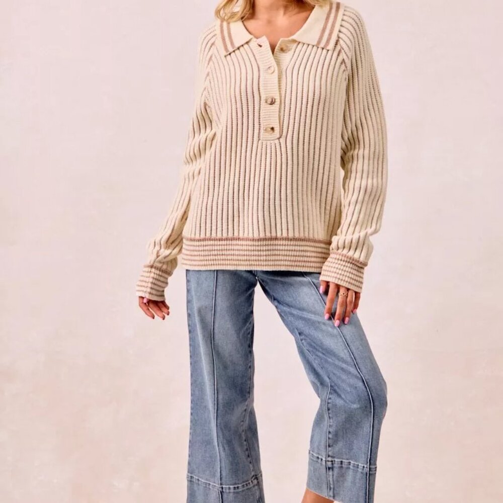 BiBi‎ Half Button Ribbed Two Tone Sweater - Picture 16 of 16
